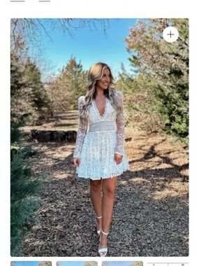 Punchy blonde White Lace V-Neck Long Sleeve Mini Dress
